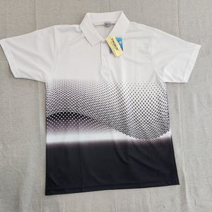 Tworoy Polo Shirt Mens XL White Black Polka Dot Performance Stretch Golf Shirt